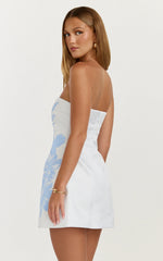 Strapless Jacquard Placement Floral A Line Dress in Blue