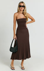 Strapless Drop Waist Pleated Knit Dress in Chocolate