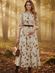 Floral Print V-Neck Long Sleeve Casual Pocket Vacation Maxi Dress