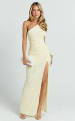 Mesh One Shoulder Ruched Bodycon Dress in Lemon