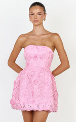 Strapless Lace Up Back A Line Dress in Pink