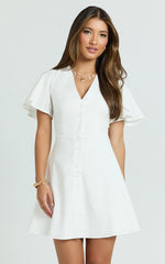 Flutter Sleeve Button Through Dress in White