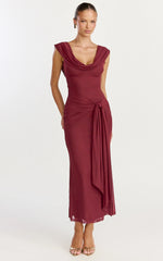 Cowl Neck Tie Detail Dress in Wine