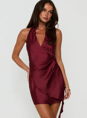 Landree Wrap Halter Satin Mini Dress Burgundy