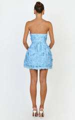 Strapless Lace Up Back A Line Dress in Blue