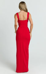 Cowl Neck Column High Split Dress in Red