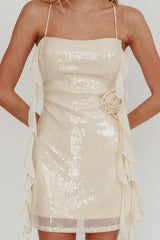Standing Out Ruffle Rosette Trim Sequin Mini Dress Champagne