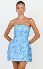 Strapless Lace Up Back A Line Dress in Blue