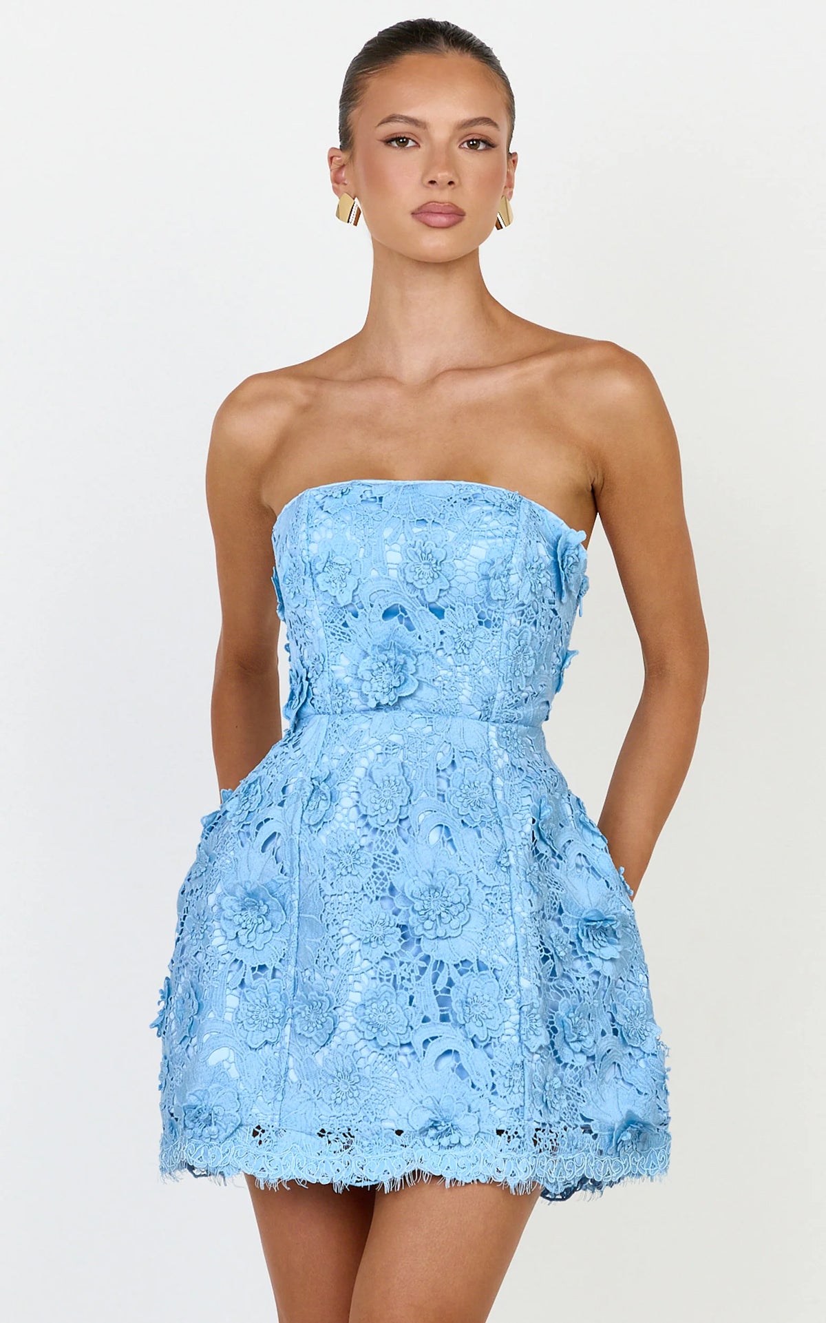 Strapless Lace Up Back A Line Dress in Blue
