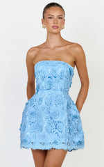 Strapless Lace Up Back A Line Dress in Blue