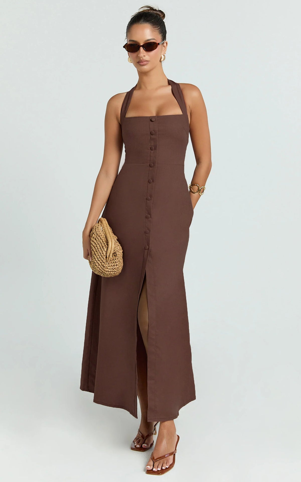 Square Neck Button Front Shift Dress in Chocolate