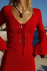 MILAH V-NECK KNIT MINI DRESS - RED