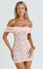 Lace Off Shoulder Bodycon Dress in Pink