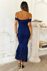Tanisha Off Shoulder Mesh Midi Dress Navy