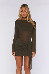 Seen On Her Sheer Long Sleeve Mini Dress Olive Green