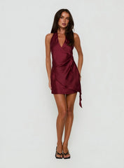 Landree Wrap Halter Satin Mini Dress Burgundy