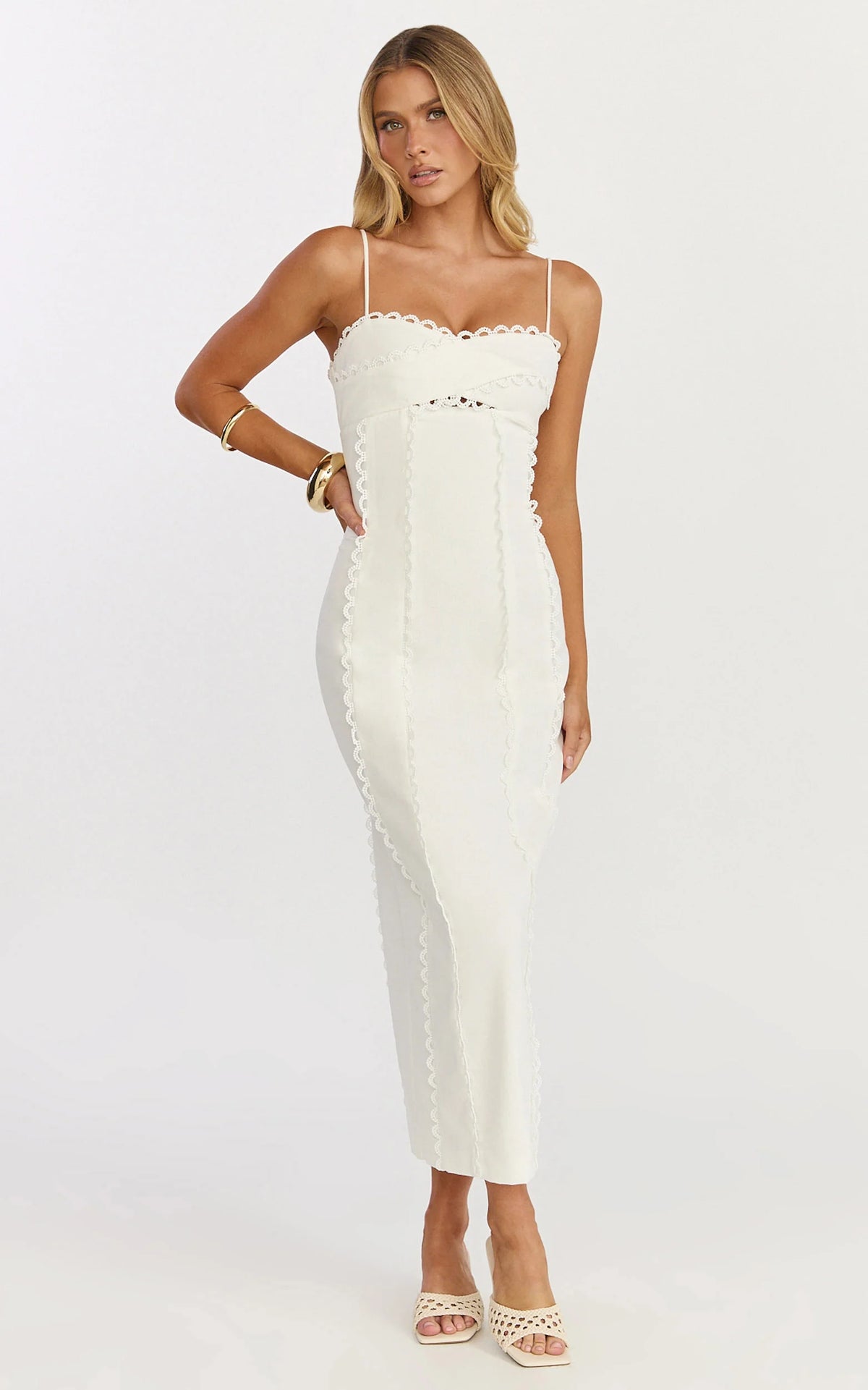 Scallop Edge Front Split Column Dress in Off White