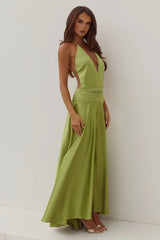 AMADINE DEEP V PLUNGE MAXI DRESS - OLIVE