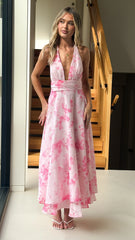 Kathy Halter Neck Maxi Dress - Baby Pink Floral